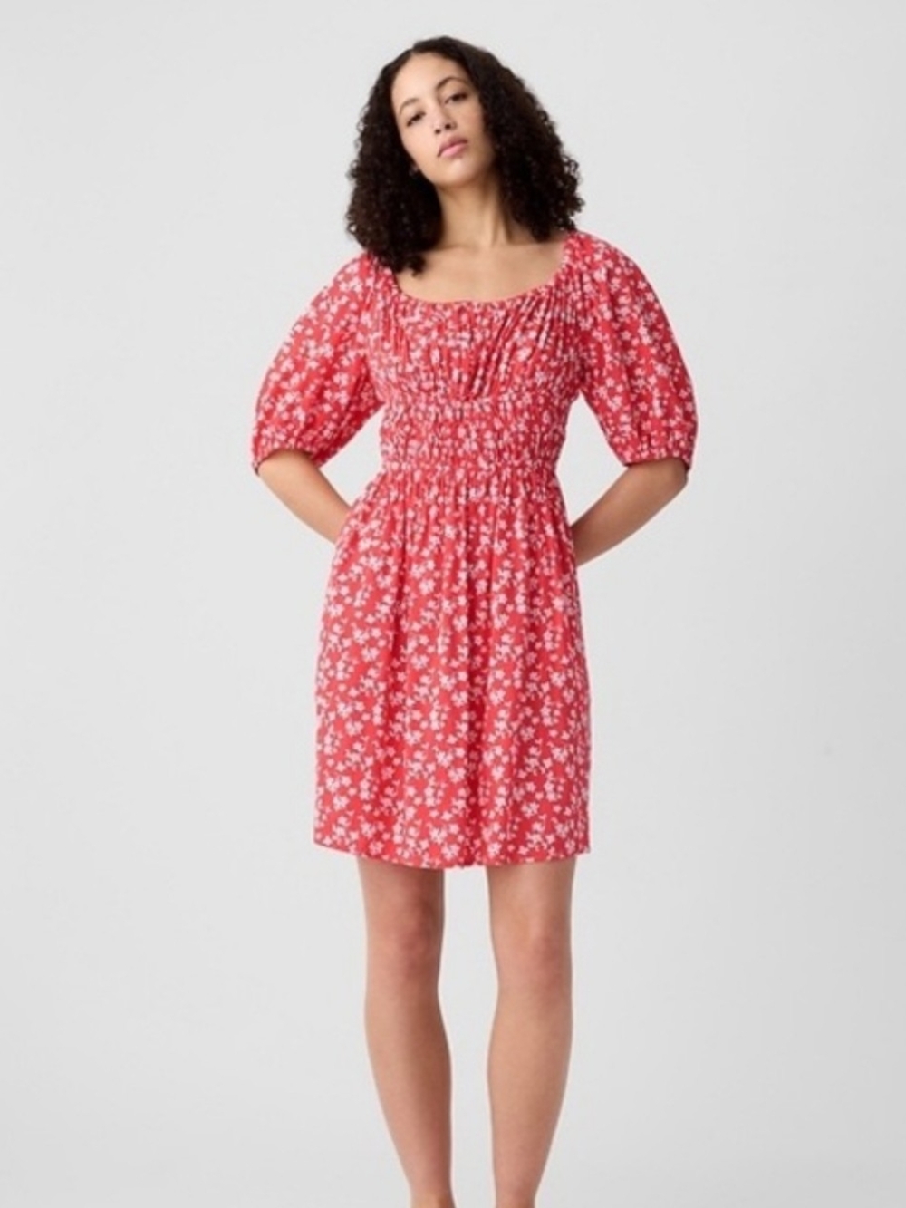 Smocked Puff-Sleeve Floral Mini Dress in Red and White